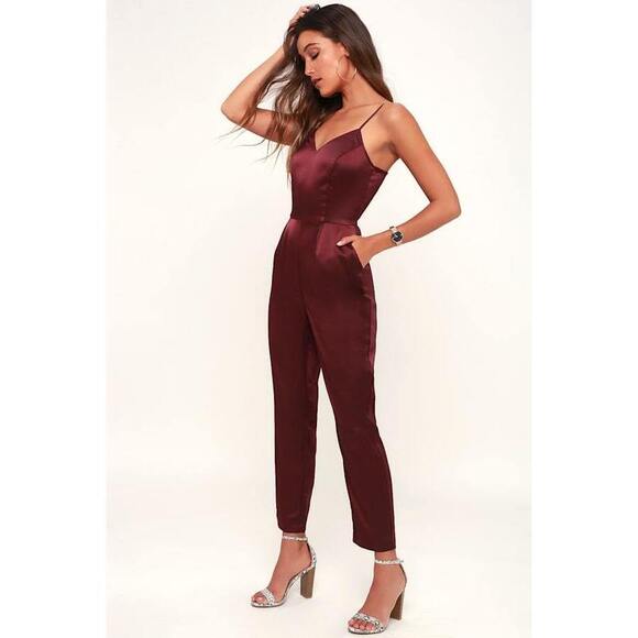 Lulus Pants - Lulus Touch Of Heaven Burgundy Satin Sleeveless Jumpsuit Red - Size XS